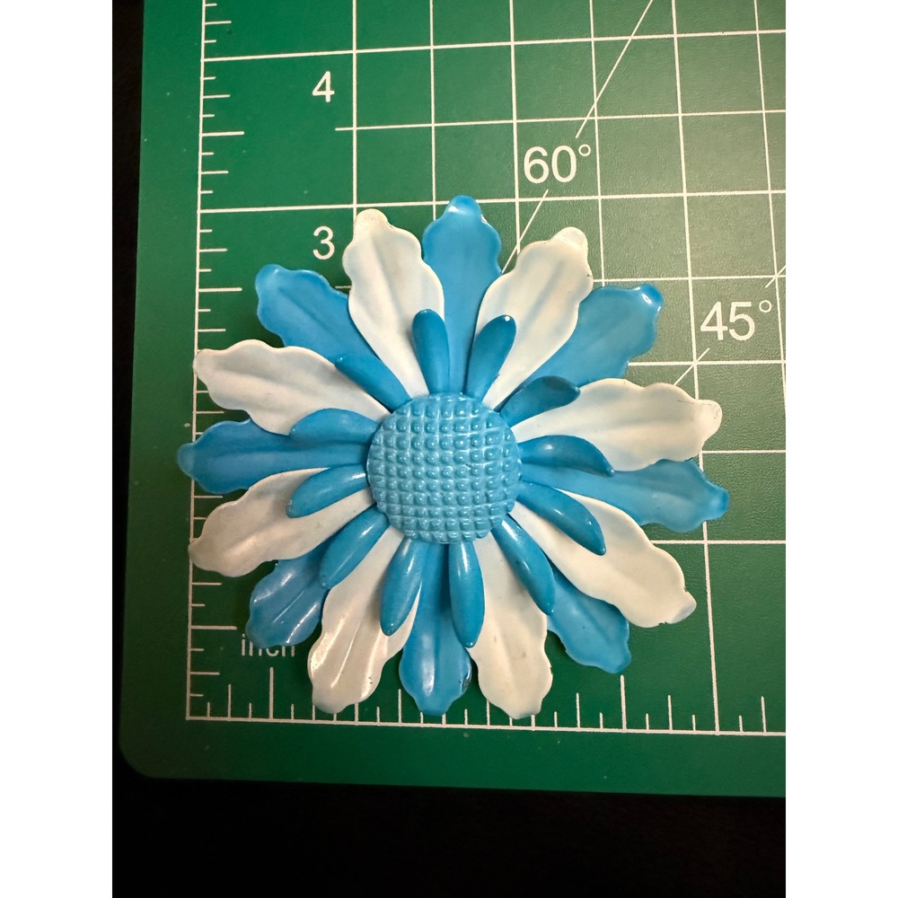 Vintage 60s Mod Blue White Enamel Flower Brooch Large Layered Daisy Pin 3 Inch